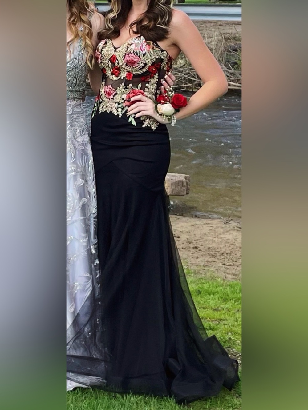 Black Embroidered Floral Prom Dress